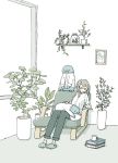  1girl animal bangs bird black_pants book brown_hair chair clothed_animal east_sha2 eyes_closed framed_image glasses highres jar long_hair long_sleeves no_nose on_lap original pants plant potted_plant shadow shirt sleeping slippers white_shirt 