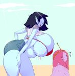  2019 ? adventure_time beach big_breasts bikini black_hair breasts bulumble-bee cartoon_network clothed clothing cloud crown duo female grey_skin hair hand_on_thigh hi_res huge_breasts humanoid light long_hair looking_back looking_down mammal marceline_abadeer not_furry open_mouth pink_hair pointy_ears princess_bubblegum seaside shorts smile sunlight swimsuit teeth thick_thighs under_boob vampire voluptuous wide_thighs 