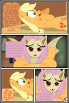  2019 absurd_res applejack_(mlp) bat_pony blonde_hair chatting comic dialogue ear_tuft equid eyelashes fangs female female/female flutterbat_(mlp) fluttershy_(mlp) freckles friendship_is_magic green_eyes gutovi-kun hair hairband hi_res mammal membranous_wings my_little_pony pink_hair red_eyes speech_bubble tuft wings 