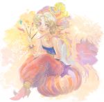  1girl art_brush bare_shoulders blonde_hair blue_eyes blush breasts choker commentary_request final_fantasy final_fantasy_vi hat high_heels jewelry lips looking_at_viewer medium_hair paintbrush relm_arrowny smile solo 