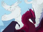  2019 4:3 absurd_res ambiguous_gender blue_eyes digital_media_(artwork) dragon duo feathered_dragon feathers feral fur furred_dragon galaxyen hi_res horn membranous_wings nashiholy red_eyes spines white_fur wings 