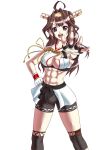  1girl abs adapted_costume ahoge bike_shorts brown_hair double_bun eyebrows_visible_through_hair fingerless_gloves gloves kantai_collection knee_brace kongou_(kantai_collection) long_hair looking_at_viewer midriff mma_gloves navel outstretched_hand rigid rigidsteed shorts simple_background sports_bra 