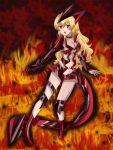  1girl blonde_hair blush breasts cleavage commission costume crossover dragon dragon_tail duel_monsters exposed_shoulders fire hikariangelove large_breasts open_mouth red-eyes_alternative_black_dragon red-eyes_black_dragon red_background red_eyes red_eyes_alternative_black_dragon rwby solo tail thighs yang_xiao_long yu-gi-oh! 