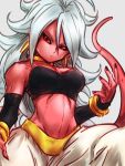  1girl android_21 bandeau bare_shoulders black_nails black_sclera bracelet breasts cleavage closed_mouth commentary_request curly_hair detached_sleeves dragon_ball dragon_ball_fighterz earrings grey_background hand_up harem_pants hoop_earrings jewelry long_hair looking_at_viewer majin_android_21 medium_breasts nail_polish navel neck_ring pants pink_skin red_eyes ring smile solo st62svnexilf2p9 tail very_long_hair white_hair white_pants 