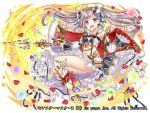  1girl blue_eyes blue_ribbon breasts cape company_name copyright_name detached_sleeves dress earrings fantasy frilled_dress frills full_body grey_hair hakuda_tofu halo holding holding_spear holding_weapon jewelry kneehighs monster_master_x navel official_art open_mouth polearm red_cape ribbon silver_hair small_breasts solo spear twintails watermark weapon white_legwear 