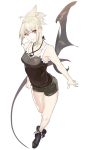  1girl bat_wings black_shirt blonde_hair boots henken highres original ponytail red_eyes shirt short_shorts shorts solo thumb_in_pocket two-tone_shirt white_background wings 