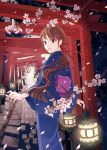  1girl blue_kimono brown_hair butterfly_hair_ornament cherry_blossoms commentary_request hair_ornament japanese_clothes kamisama-tachi_no_oisemairi kimono lantern long_hair looking_at_viewer looking_back low_ponytail multiple_torii na_(sodium) night obi official_art outdoors paper_lantern path red_eyes red_ribbon ribbon road sash sett solo standing striped_clothes striped_kimono torii vertical-striped_clothes vertical-striped_kimono very_long_hair wide_sleeves 