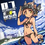  1girl album_cover animal_ears bangs beach bikini black_bikini blonde_hair blue_sky bracelet breasts city cover cowboy_shot day dutch_angle earrings extra_ears eyebrows_visible_through_hair groin headgear jewelry looking_at_viewer nail_polish nancou_(nankou) original outdoors short_hair sky small_breasts smile solo standing swimsuit tail tattoo water wet yellow_eyes 