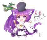  1girl :d aircraft airplane animal animal_ear_fluff animal_ears azur_lane bangs bell bishamaru_(azur_lane) black_headwear blush_stickers bow bunny cat_ears cat_girl cat_tail chibi closed_fan commentary_request eyebrows_visible_through_hair fan folding_fan full_body hair_bow hakama_pants hat holding holding_fan japanese_clothes jingle_bell kanda_(kvzs4332) long_hair long_sleeves meowficer_(azur_lane) open_mouth pants puffy_pants purple_eyes purple_hair purple_pants ribbon-trimmed_sleeves ribbon_trim simple_background smile solo standing tail tail_raised very_long_hair white_background white_bow wide_sleeves 