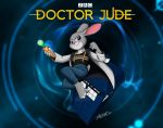  13th_doctor 2018 anthro barefoot clothed clothing disney doctor_who english_text female fur grey_fur hi_res judy_hopps lagomorph leporid mammal pants purple_eyes rabbit shingallon signature solo sonic_screwdriver suspenders tardis text the_doctor trenchcoat zootopia 