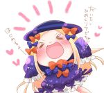  &gt;_&lt; 1girl :d abigail_williams_(fate/grand_order) april_fools bangs blonde_hair bloomers blue_bow blue_headwear blush bow bug butterfly chibi commentary_request dress eyes_closed facing_viewer fate/grand_order fate_(series) forehead hair_bow hands_up hat heart insect long_hair long_sleeves open_mouth orange_bow outstretched_arms parted_bangs polka_dot polka_dot_bow purple_dress simple_background sleeves_past_fingers sleeves_past_wrists smile solo tenmai_miwa translation_request underwear v-shaped_eyebrows very_long_hair white_background white_bloomers xd 
