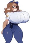 2019 anthro big_breasts breasts brown_hair cervid clothed clothing eyewear female glasses hair hi_res huge_breasts hyenahonk looking_at_viewer mammal police_uniform simple_background sweat uniform 