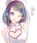  1girl ;d bare_shoulders blue_eyes bow breasts character_request cleavage cleavage_cutout grey_hair hair_bow hat head_tilt heart_cutout highres large_breasts long_hair looking_at_viewer medium_breasts one_eye_closed open_mouth simple_background sleeveless smile solo striped upper_body white_background white_headwear 