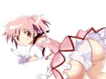  1girl absurdres artist_request ass blush cameltoe fourth_wall from_behind gloves hair_ribbon highres kaname_madoka long_hair looking_at_viewer magical_girl mahou_shoujo_madoka_magica panties pink_eyes pink_hair poking ribbon shiny shiny_hair shiny_skin skirt smile solo twintails underwear 