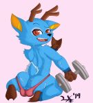  2019 animal_crossing anthro antlers balls bam_(animal_crossing) butt cervid clothing exercise hi_res hooves horn male mammal nintendo nude salaciouslx signature simple_background solo sweat thong video_games weightlifting weights workout 