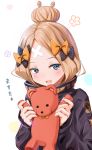  1girl abigail_williams_(fate/grand_order) absurdres bandaid_on_forehead bangs belt black_bow black_jacket blonde_hair blue_eyes blush bow crossed_bandaids fate/grand_order fate_(series) forehead hair_bow hair_bun heroic_spirit_traveling_outfit high_collar highres holding holding_stuffed_animal jacket long_hair long_sleeves looking_at_viewer open_mouth orange_bow parted_bangs polka_dot polka_dot_bow sakazakinchan smile stuffed_animal stuffed_toy teddy_bear white_background 