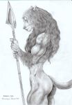  butt dracowhip felid female hair hi_res holding_object invalid_tag lion lipstick long_hair looking_at_viewer makeup mammal melee_weapon muscular muscular_female nude pantherine polearm solo spear standing weapon 