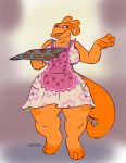  anthro apron clothed clothing female hi_res open_mouth purplepardus scalie simple_background smile solo standing wide_hips 