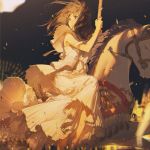  1girl black_background brown_eyes brown_hair carousel castle dress ferris_wheel floating_hair gradient gradient_background long_dress looking_to_the_side open_mouth original pleated_dress rella riding sleeveless solo tears white_dress 