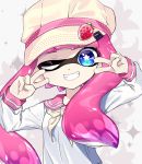  1girl amatcha bangs blouse blue_eyes blunt_bangs commentary domino_mask double_v flat_cap food fruit grin hat inkling long_sleeves looking_at_viewer mask neckerchief one_eye_closed pink_hair pink_headwear pointy_ears school_uniform serafuku sharp_teeth smile solo sparkle_background splatoon splatoon_(series) splatoon_2 standing strawberry teeth tentacle_hair upper_body v white_blouse yellow_neckwear 