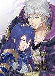  1boy 1girl a_meno0 armor black_gloves black_sweater blue_armor blue_eyes blue_hair closed_mouth collarbone commentary_request fire_emblem fire_emblem:_kakusei fire_emblem_heroes gimurei gloves hair_between_eyes hair_ornament hood hooded_robe hug long_hair lucina male_my_unit_(fire_emblem:_kakusei) my_unit_(fire_emblem:_kakusei) nintendo open_clothes parted_lips red_eyes ribbed_sweater robe shirt short_hair simple_background sweater tiara white_hair white_shirt 