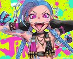  1girl belt bikini_top blue_hair braid choker fingerless_gloves gloves highres jinx_(league_of_legends) league_of_legends open_mouth pink_eyes solo spread_mouth tattoo tongue tongue_out twin_braids twintails upper_body uvula 