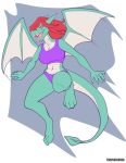  anthro clothed clothing dragon female hair hi_res horn navel open_mouth purplepardus simple_background solo tongue tongue_out wings 