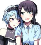  2girls aqua_hair bang_dream! bare_shoulders black_hair blue_eyes blush earrings hair_ornament highres jewelry kuzwell long_hair looking_to_the_side matsubara_kanon multiple_girls okusawa_misaki open_mouth purple_eyes short_twintails smile twintails white_background 