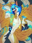  2019 angiewolf anthro black_nose blue_hair canid canine digital_media_(artwork) fox fur hair looking_at_viewer male mammal markings nude open_mouth orange_fur smile solo standing teeth tongue wide_hips 