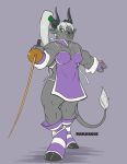  anthro bovid bovine cattle clothed clothing female hair hi_res horn looking_at_viewer mammal melee_weapon muscular muscular_female purplepardus solo standing sword weapon 