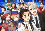  2girls 6+boys :d ^_^ american_flag beret black_hair blazer blonde_hair blue_eyes bow bowtie brown_eyes brown_hair canadian_flag closed_eyes dog eyes_closed fang flag french_flag georgi_popovich green_eyes grin hair_over_one_eye hand_on_another&#039;s_shoulder hat it&#039;s_j.j._style! italian_flag jacket japanese_flag jean-jacques_leroy jewelry katsuki_yuuri lanyard leo_de_la_iglesia makkachin michele_crispino mila_babicheva minami_kenjirou multicolored_hair multiple_boys multiple_girls necktie one_eye_closed open_mouth purple_eyes red_hair ring russian_flag sara_crispino scarf self_shot silver_hair smile top_hat track_jacket twc_(p-towaco) two-tone_hair v viktor_nikiforov yuri!!!_on_ice yuri_plisetsky 