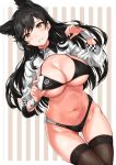  1girl absurdres alternate_costume animal_ears arm_support arms_at_sides atago_(azur_lane) azur_lane bangs bikini bikini_tug black_bikini black_hair black_legwear blush breasts brown_eyes clothes_writing commentary_request cowboy_shot curvy dutch_angle extra_ears eyebrows_visible_through_hair gluteal_fold groin hair_ribbon hand_up highres jacket large_breasts long_hair looking_at_viewer mole mole_under_eye navel open_clothes open_mouth parted_lips race_queen ribbon shrug_(clothing) sirurabbit skindentation smile solo standing stomach swept_bangs swimsuit thighhighs white_background white_ribbon wrist_cuffs 