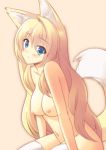  1girl animal_ears animated animated_gif areolae blonde_hair blue_eyes blush breasts fox_ears fox_tail long_hair looking_at_viewer medium_breasts nanashi_(soregashi) navel nipples nude original sitting solo tail thighhighs very_long_hair white_legwear 