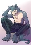  2019 abs anthro beastars belt canid canine canis clothing fur legosi_(beastars) looking_at_viewer male mamimumemo mammal pants pecs wolf 
