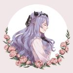  1girl aequorine alternate_costume bow camilla_(fire_emblem_if) eyes_closed fire_emblem fire_emblem_if flower from_side hair_bow highres long_hair long_sleeves nintendo parted_lips purple_hair simple_background solo tiara twitter_username upper_body 