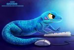  ambiguous_gender blue_background blue_scales computer_mouse cryptid-creations feral gecko humor keyboard lizard pun reptile scales scalie simple_background solo tongue tongue_out visual_pun yellow_eyes 