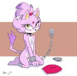  anthro bdsm blaze_the_cat bondage bound breasts chain cuffs_(disambiguation) domestic_cat felid feline felis female hi_res kneeling looking_at_viewer mammal nipples nude pillow prisoner pussy qrog shackles small_breasts solo sonic_(series) 