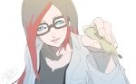  1girl black_hair blue_eyes crow_(gravity_daze) doctor glasses gravity_daze gravity_daze_2 lab_coat long_hair looking_at_viewer multicolored_hair pungter red_hair solo thermometer two-tone_hair 