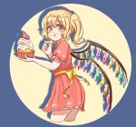  1girl :t alternate_costume arms_up blonde_hair blue_background blueberry commentary_request cropped_legs cupcake dress eating eyebrows_visible_through_hair flandre_scarlet food food_on_face from_side fruit holding holding_food icing looking_at_viewer messy mikepo no_headwear puffy_short_sleeves puffy_sleeves red_dress red_eyes shadow short_hair short_sleeves side_ponytail simple_background slit_pupils solo spotlight standing strawberry touhou wings 