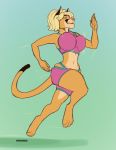  anthro blonde_hair clothed clothing curvaceous felid feline female hair hi_res mammal navel purplepardus running simple_background smile solo wide_hips 