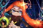  1girl amatcha bangs black_cape black_shirt blue_eyes blunt_bangs blurry blurry_background cape closed_mouth commentary diffraction_spikes domino_mask foreshortening headgear hero_shot_(splatoon) highres holding inkling lens_flare long_hair long_sleeves looking_at_viewer mask nail_polish night night_sky orange_hair orange_nails reaching_out reflective_eyes shirt sky smile solo splatoon splatoon_(series) splatoon_2 splatoon_2:_octo_expansion squidbeak_splatoon star_(sky) starry_sky tentacle_hair vest yellow_vest 