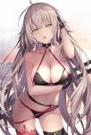  1girl ahoge arm_under_breasts bangs beach bikini black_bikini black_gloves blurry blurry_background blush breasts check_commentary choker cleavage collarbone commentary commentary_request eyebrows_visible_through_hair fate/grand_order fate_(series) gloves groin hair_between_eyes hand_on_own_head jeanne_d&#039;arc_(alter_swimsuit_berserker) jeanne_d&#039;arc_(fate)_(all) large_breasts long_hair looking_at_viewer messy_hair multiple_swords navel o-ring o-ring_bikini open_mouth outdoors red_legwear rin_yuu sheath sheathed sidelocks silver_hair simple_background single_thighhigh smile solo stomach sunset swimsuit thigh_strap thighhighs tsurime very_long_hair white_background yellow_eyes 