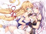  2girls :d ;) ahoge azur_lane bangs blonde_hair blush bow braid breasts cleavage collarbone commentary_request eyebrows_visible_through_hair fingerless_gloves garter_straps gloves green_eyes grenville_(azur_lane) hair_between_eyes hair_ornament hand_holding jacket large_breasts le_temeraire_(azur_lane) long_hair looking_at_viewer multicolored_hair multiple_girls one_eye_closed open_mouth purple_hair red_eyes red_ribbon ribbon riichu side_ponytail skirt sleeveless smile thighhighs twin_braids underbust very_long_hair white_legwear 