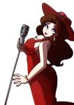  1girl bare_arms blue_eyes breasts brown_hair cleavage donkey_kong_(series) dress earrings eyeshadow hat jewelry lipstick long_hair looking_at_viewer makeup mario_(series) mayor microphone microphone_stand nail_polish nintendo pauline pose red_dress sideboob singer smile solo super_mario_odyssey white_background 