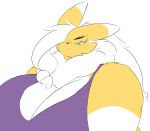  absurd_res annoyed anthro apron black_eyes breasts canid canine cleavage clothed clothing digimon digimon_(species) female freckles fur hi_res mammal mature_female overweight rakashama renamon white_fur yellow_fur 