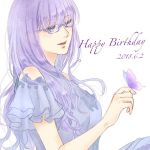  1girl alternate_costume bangs bare_shoulders birthday blue-framed_eyewear blue_dress blue_eyes blush breasts bug butterfly butterfly_on_finger commentary_request dated dress eyebrows_visible_through_hair frilled_sleeves frills gintama glasses insect kotoha_(user_anzh3572) long_hair purple_hair sarutobi_ayame short_sleeves signature simple_background smile solo 