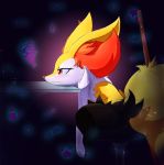  braixen emoji eryz female fur glass hi_res messy nintendo pok&eacute;mon pok&eacute;mon_(species) solo stick table thoughts video_games 