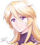  1girl 2017 blonde_hair dated eyebrows_visible_through_hair hair_between_eyes long_hair looking_at_viewer lowres mori_yuki portrait purple_eyes signature simple_background solo uchuu_senkan_yamato uchuu_senkan_yamato_2199 white_background yokon2199 