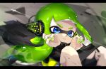  1girl action amatcha bangs black_cape black_shirt blue_eyes blunt_bangs cape commentary domino_mask green_hair green_nails headgear inkling letterboxed light_frown light_particles long_sleeves looking_at_viewer mask motion_blur motion_lines nail_polish parted_lips shirt solo sparkle splatoon splatoon_(series) splatoon_2 splatoon_2:_octo_expansion squidbeak_splatoon tentacle_hair vest yellow_vest 