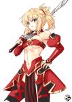  1girl artist_logo bandeau bangs bare_shoulders black_legwear blonde_hair blue_eyes blush breasts chize clarent detached_sleeves eyebrows_visible_through_hair fate/apocrypha fate_(series) hair_between_eyes hair_ornament hair_scrunchie hand_on_hip hand_up holding holding_sword holding_weapon juliet_sleeves long_sleeves medium_breasts mordred_(fate) mordred_(fate)_(all) navel over_shoulder parted_lips pelvic_curtain ponytail puffy_sleeves red_bandeau red_scrunchie red_skirt red_sleeves scrunchie simple_background skirt sleeves_past_wrists solo sword sword_over_shoulder thighhighs weapon weapon_over_shoulder white_background 